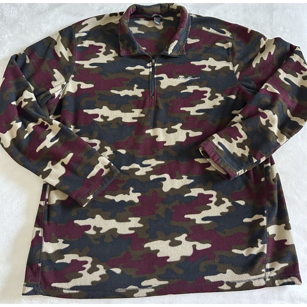 Eddie Bauer Camo Fleece Pullover Mens T2XL 2XLT 1/4 Zip Jacket Multicolor